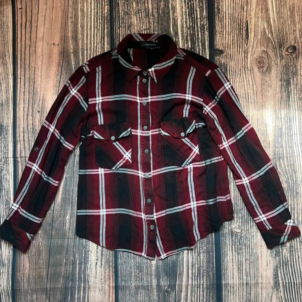 Sanctuary Women's‎ Plaid Button-Up Shirt Red Long Sleeve Size Large